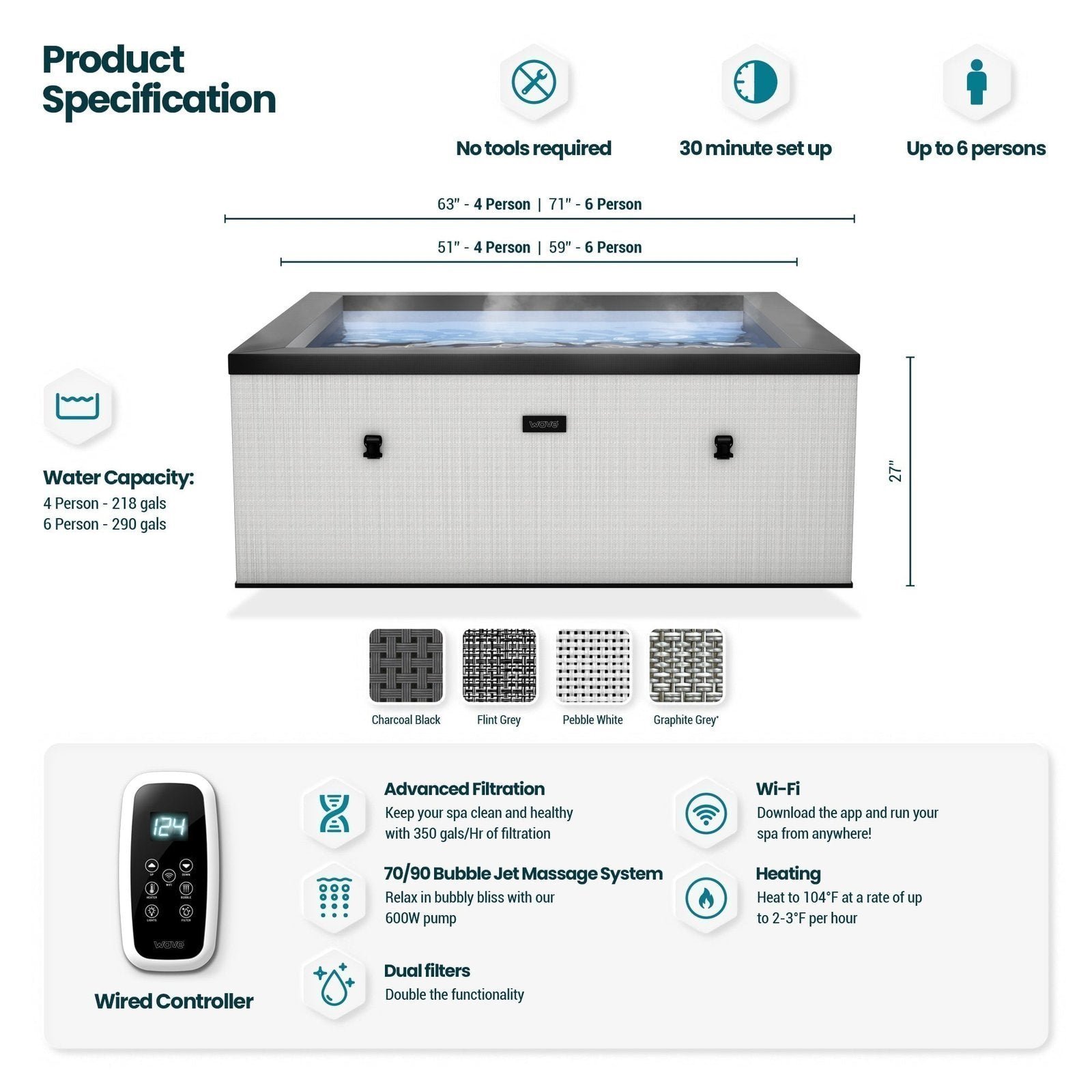 Wave Garda | 4-Person Eco Foam Hot Tub | Integrated Heater | Charcoal Black - Image 5