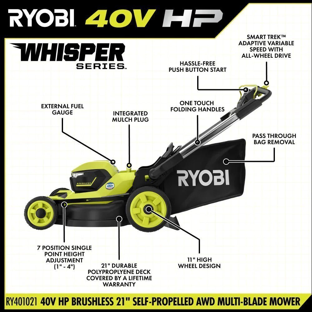 RYOBI 40v Hp brushless 21″ self-propelled AWD dual-blade mower kit - Image 4